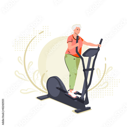 Active senior woman on elliptical cross trainer at home. Lifestyle sport activities in old age. Sportive grandmother on training machine, active elderly character. Gym Vector illustration flat style