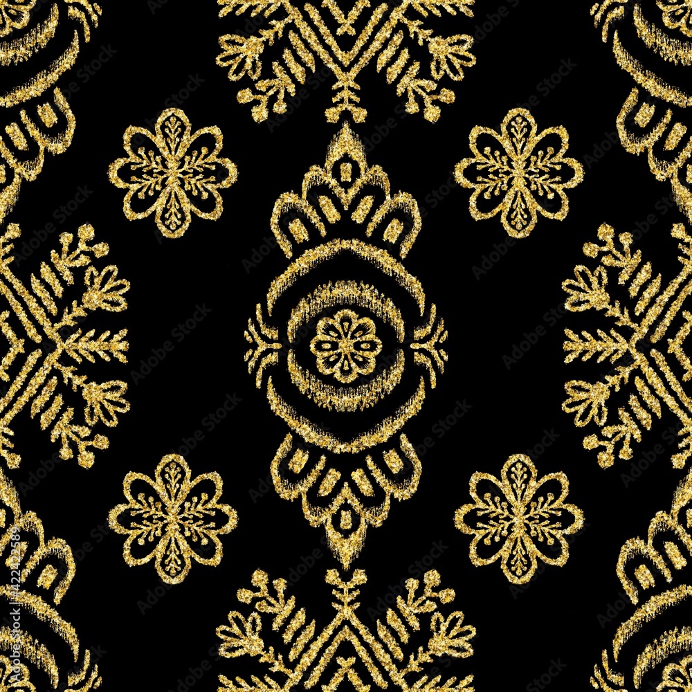 Seamless gold glitter on black tribal ethnic rug motif pattern. High quality illustration. Boho nomad textile print. Abstract gypsy design. Seamless repeat raster jpg pattern swatch.