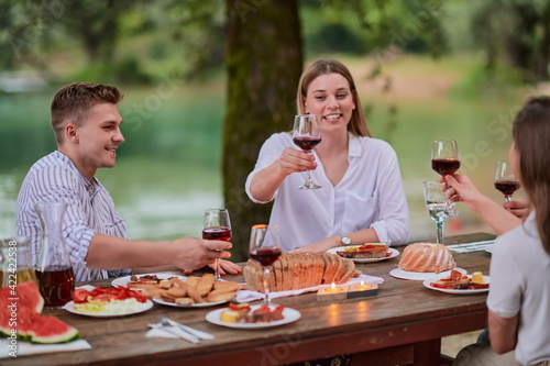 riends toasting red wine glass while having picnic french dinner party photo