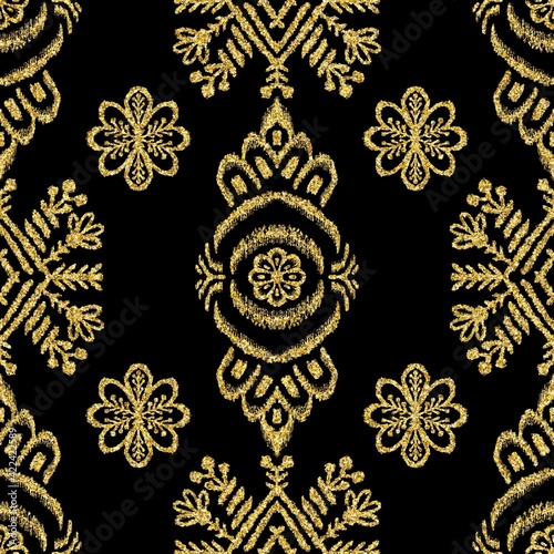 Seamless gold glitter on black tribal ethnic rug motif pattern. High quality illustration. Boho nomad textile print. Abstract gypsy design. Seamless repeat raster jpg pattern swatch.