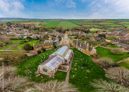 An aerial view across the village of Lyddington, Rutland in springtime photo