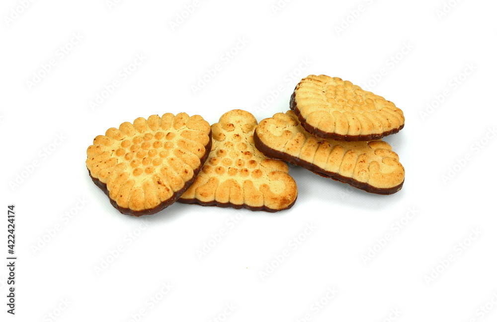 Biscuits isolated on white. Chocolate cookies of different shapes isolated on white background.  