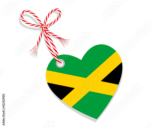 Fahne als Herz  „I Love Jamaica“ mit Kordel-Schleife,
Vektor Illustration isoliert auf weißem Hintergrund
