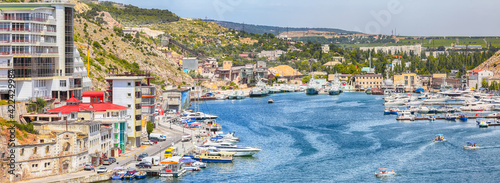 View of Balaklava bay with yachts from the Genoese fortress Chembalo in Sevastopol city.