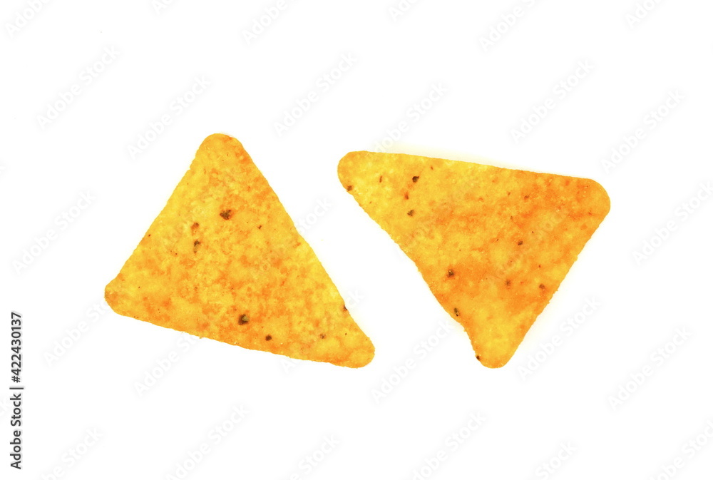 Delicious mexican nachos chips, isolated on white background. Corn nachos on white background. Delicious mexican nachos chips, isolated on white background. Corn nachos on white background.