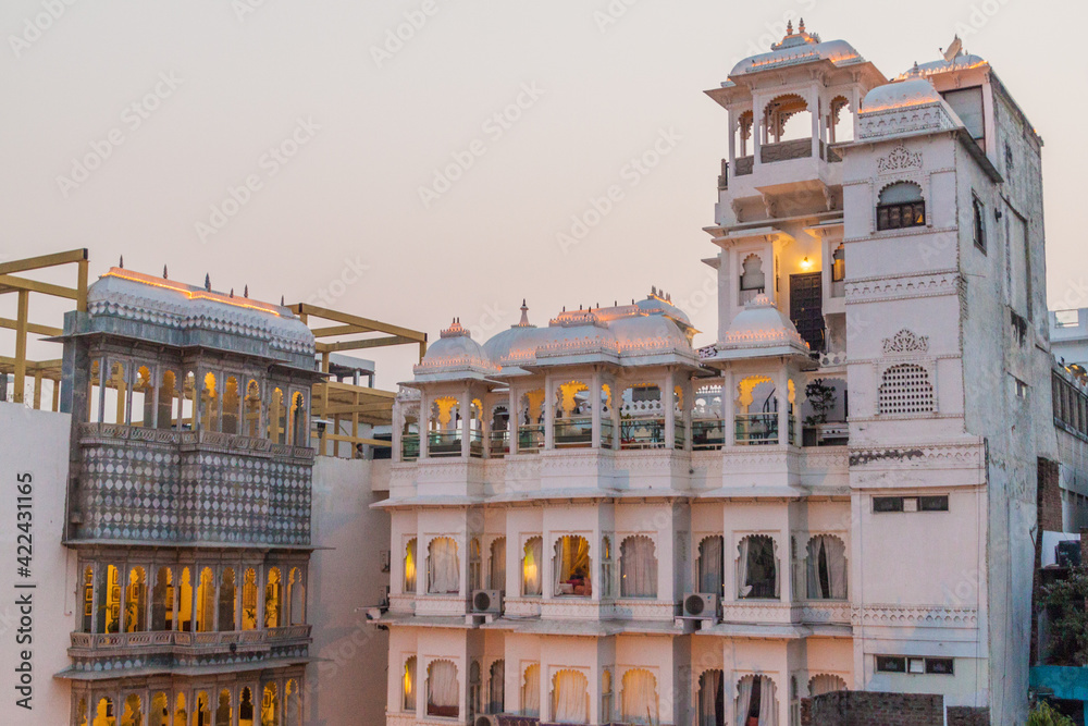 Evening view of an ancient palace in Udaipur, Rajasthan state, India