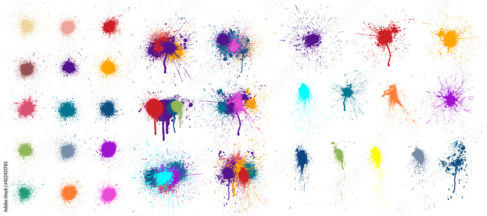 Colored blots, paint drops and splashes isolated on white background. Paint splatter, stains set, compositions of spots. Colorful splash and drip design. Watercolor spots. Vector set grunge design Colored blots, paint drops and splashes isolated on white background. Paint splatter, stains set, compositions of spots. Colorful splash and drip design. Watercolor spots. Vector set grunge design