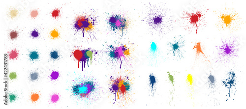 Colored blots, paint drops and splashes isolated on white background. Paint splatter, stains set, compositions of spots. Colorful splash and drip design. Watercolor spots. Vector set grunge design