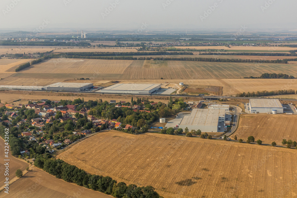 Aerial view of Pavlov village and D6 motorway, Czechia