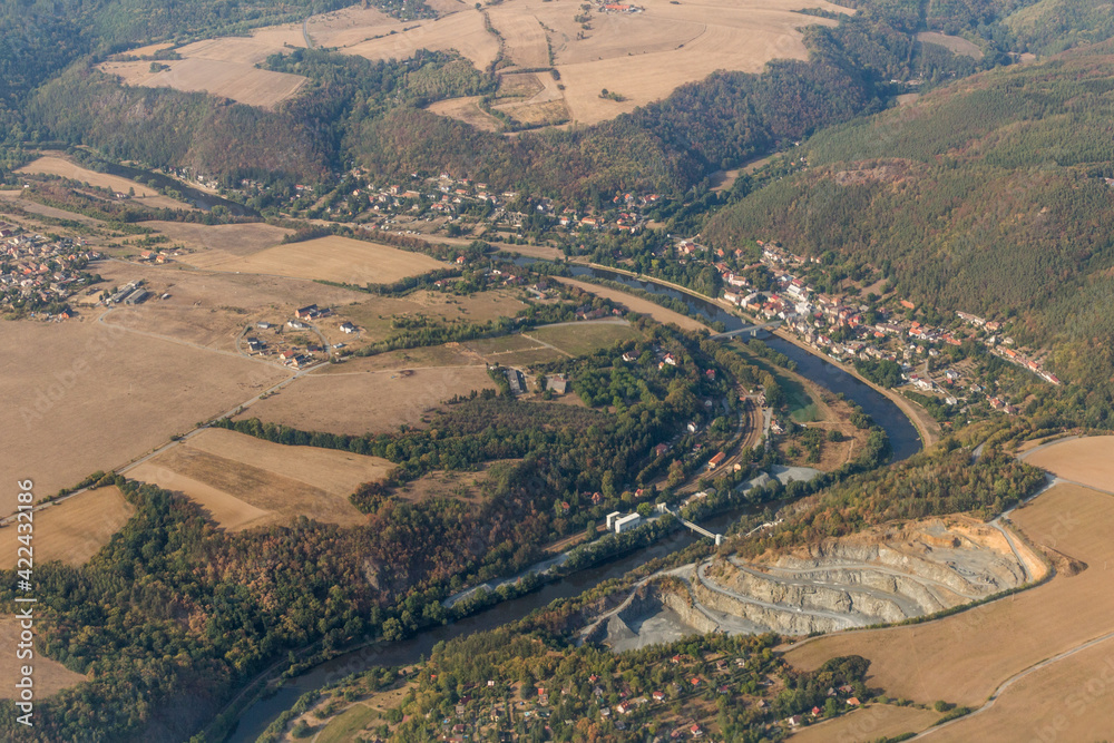 Obraz premium Aerial view of Berounka river and Zbecno village, Czechia