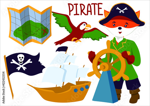 cute pirate captain is at the helm. Set of illustrations treasure map, pirate flag with skull, macaw parrot, pirate ship. Cartoon vector illustration isolate on white background. Print for T-shirts
