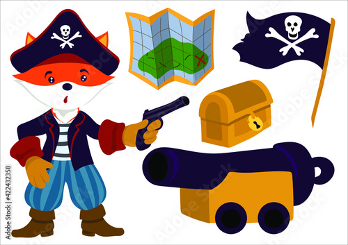 Cute pirate captain. Set of illustrations treasure map, pirate flag with skull,cannon and treasure chest. Cartoon vector illustration isolate on white background. Print for T-shirts and  sweatshirts