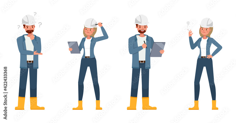 Engineer people wear blue jacket working character vector design. Presentation in various action with emotions.