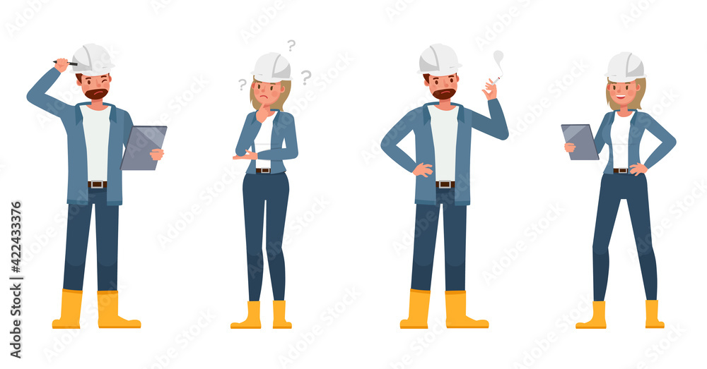 Engineer people wear blue jacket working character vector design. Presentation in various action with emotions. Engineer people wear blue jacket working character vector design. Presentation in various action with emotions.