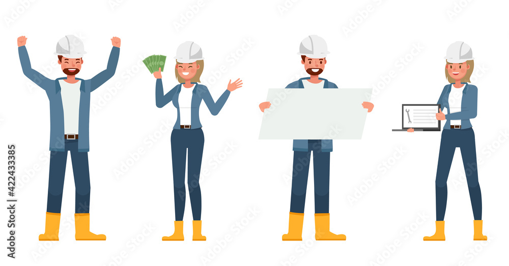 Engineer people wear blue jacket working character vector design. Presentation in various action with emotions. Engineer people wear blue jacket working character vector design. Presentation in various action with emotions.