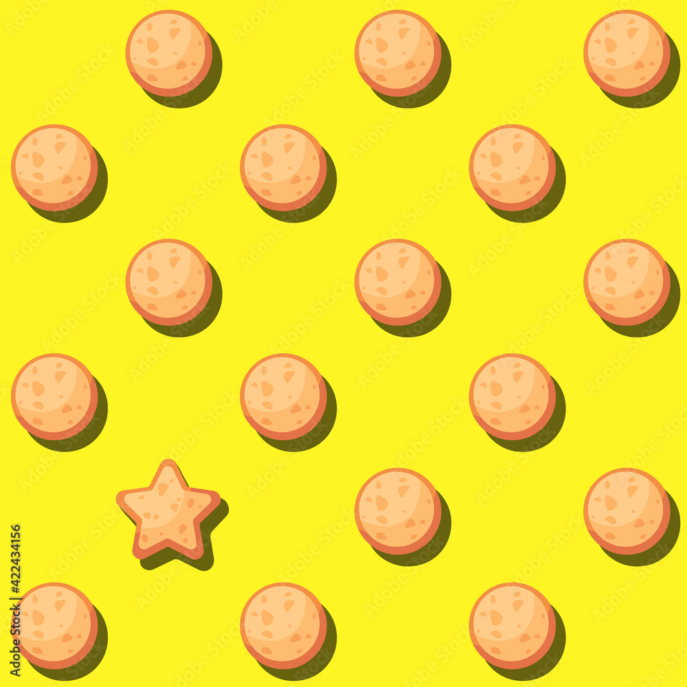 Seamless cartoon yellow pattern with cookies. Vector abstract striped background. Flat design. Gift wrap, print, cloth, cute backdrop for a card. Seamless cartoon yellow pattern with cookies. Vector abstract striped background. Flat design. Gift wrap, print, cloth, cute backdrop for a card.