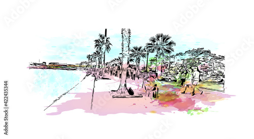 Building view with landmark of Paphos is the 
city in Cyprus. Watercolour splash with hand drawn sketch illustration in vector.