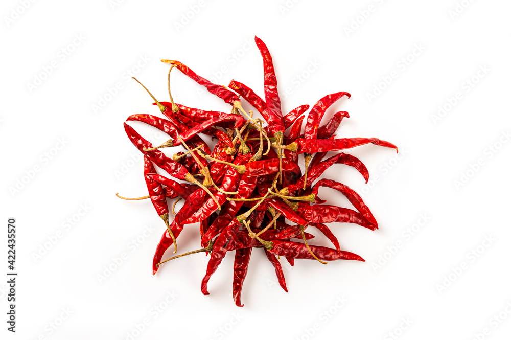 Fototapeta premium Dry red chili pepper isolated on white background. top view