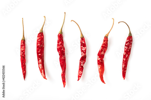  Dried red hot chili peppers isolated on white background. top view
 photo