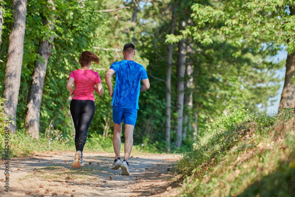 couple enjoying in a healthy lifestyle while jogging on a country road couple enjoying in a healthy lifestyle while jogging on a country road