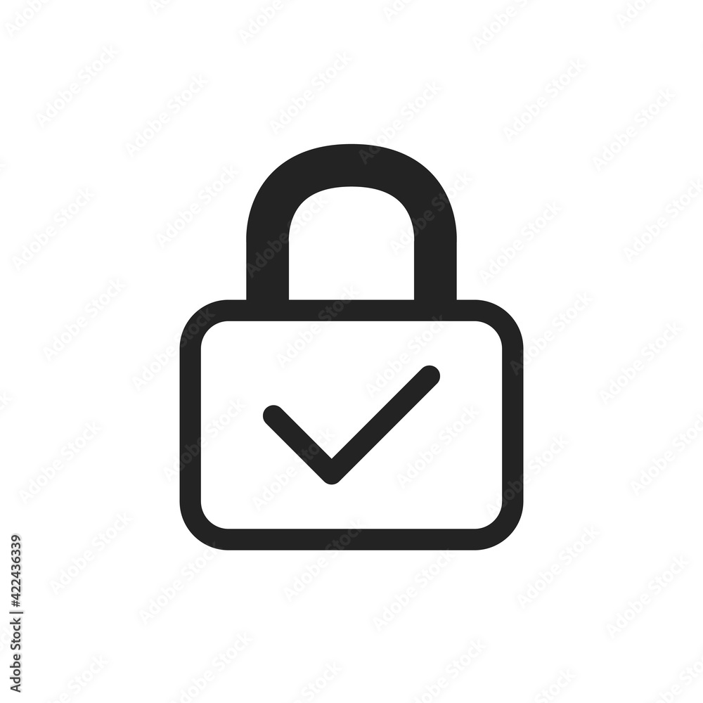 Lock icon with check mark. Confirmed padlock icon. Trendy lock with check mark icon in flat style. Protection confirmation icon. Vector illustration. Lock icon with check mark. Confirmed padlock icon. Trendy lock with check mark icon in flat style. Protection confirmation icon. Vector illustration.