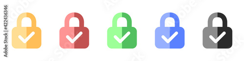 Lock with check mark icons set. Vector set of icons of verified locks. A set of colored locks verified protection. Set of web protection symbols in flat style. Vector illustration.