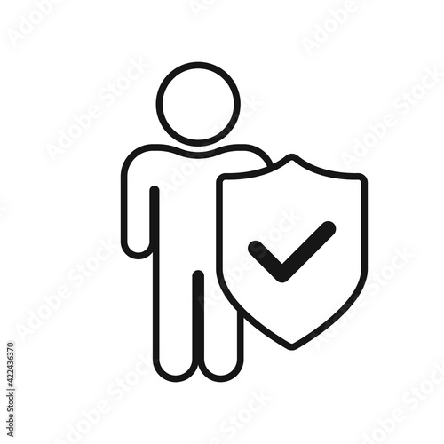Person protected icon. Outline of a man with a shield insured icon. Vector icon of a person with a check mark on the shield. Protection of human rights. Person protected icon.
