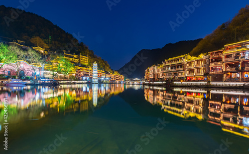 Blues night view of Phoenix Ancient Town in Xiangxi  Hunan  China