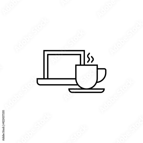coffee cup and laptop icon  in flat black line style  isolated on white 