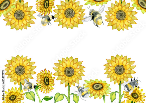 Fototapeta Naklejka Na Ścianę i Meble -  sunflowers and bees isolated on white watercolor by hand