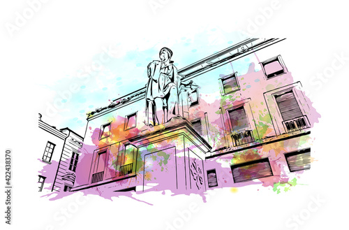 Building view with landmark of Param is the 
village in Iran. Watercolour splash with hand drawn sketch illustration in vector. photo