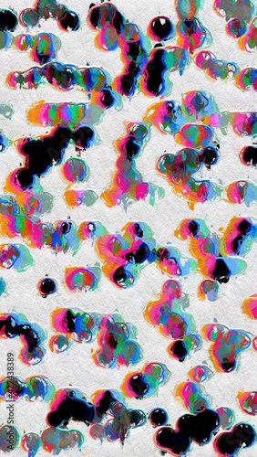 Multicolored painting background with abstract bubbles. Pattern with orange, pink, light green, blue, black and white colors. Print for phone case, poster, pillow, gift and wrapping paper.