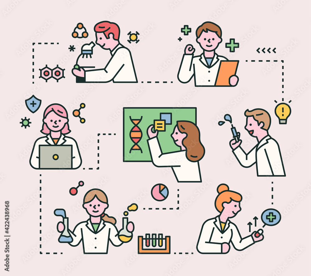 The doctors are working on their own, and they are all connected. flat design style minimal vector illustration.