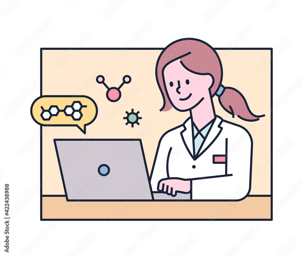 A female researcher turns on a laptop and studies cells. flat design style minimal vector illustration. A female researcher turns on a laptop and studies cells. flat design style minimal vector illustration.