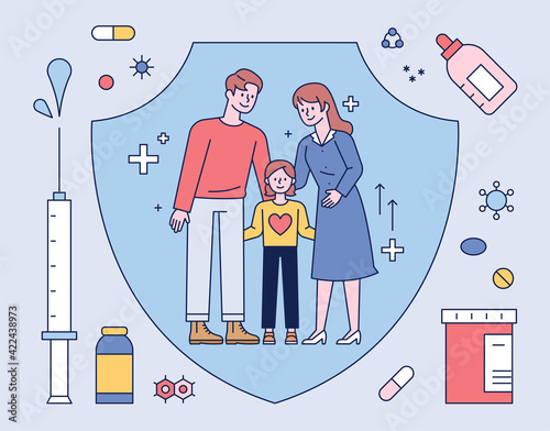 Vaccinations and drugs are protecting the family. flat design style minimal vector illustration.