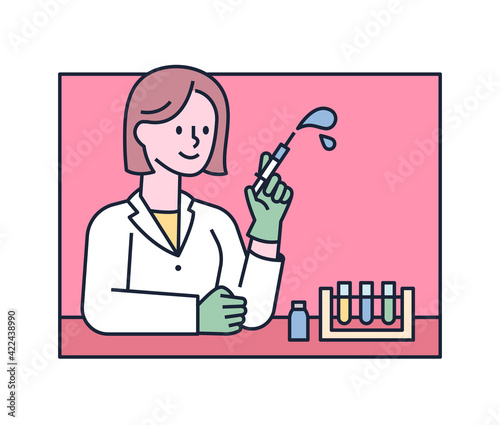 A female researcher is conducting research in a test tube. flat design style minimal vector illustration.