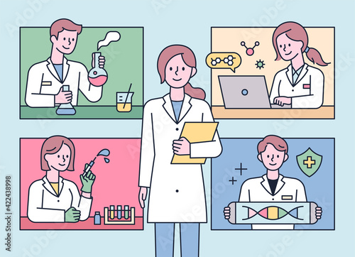 Researchers doing various experiments in the lab. flat design style minimal vector illustration.