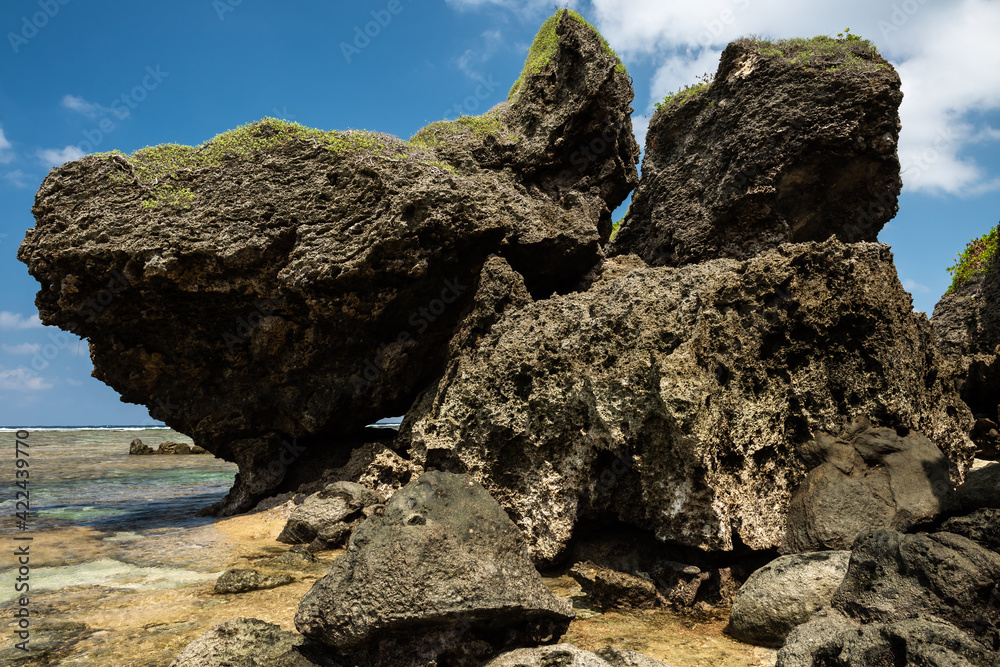 Coral rock formation typical of the Okinawa coast with an incredible formation, blue sky on background. Iriomote Island.