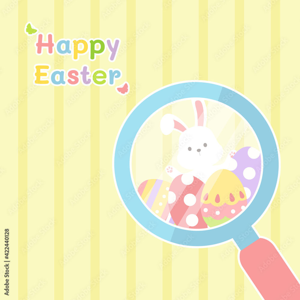 Happy easter greeting card and rabbit behind egg magnifying glass concept Happy easter greeting card and rabbit behind egg magnifying glass concept