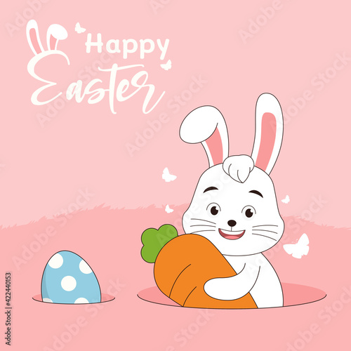Easter background with rabbit hugging carrot and egg