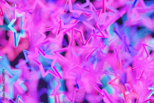 3d illustration of   blue  pink star fly  on  a black  background .  Shape pattern. Technology geometry  background