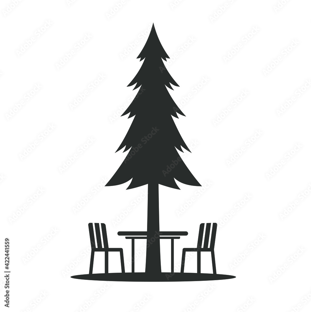 illustration of a restaurant under a pine tree, outdoor restaurant icon.