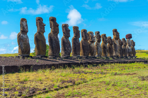 Moai statues of Ahu Tongariki on summer day, Easter Island (Rapa Nui), Chile.