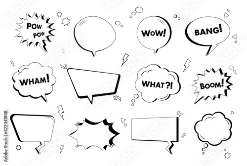 Black and white set comic speech bubbles in pop art style. Comic dialogue blank cloud with space text. Blank collection comic speech bubbles halftone. Isolated set on white background. Vector pop art
