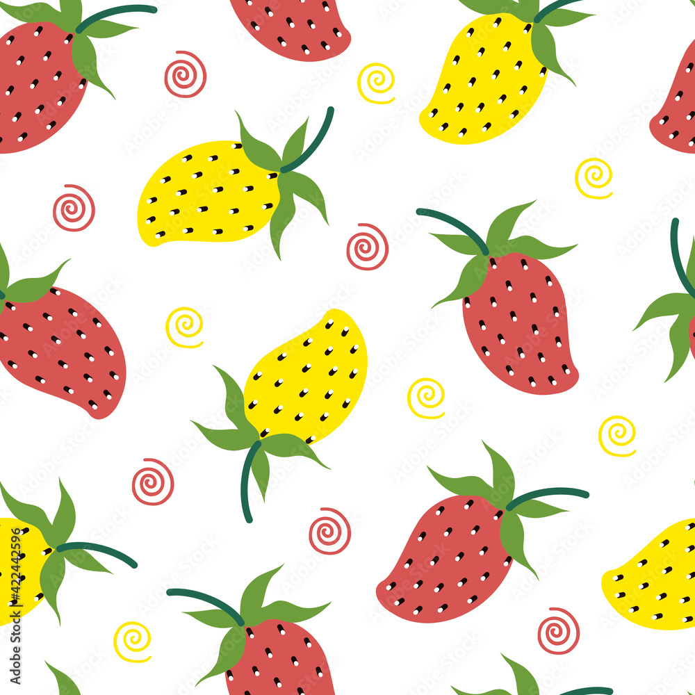 Strawberry seamless vector pattern. Bright red and yellow berries on a white background. Summer hand drawn strawberry, flat style. Strawberry seamless vector pattern. Bright red and yellow berries on a white background. Summer hand drawn strawberry, flat style.