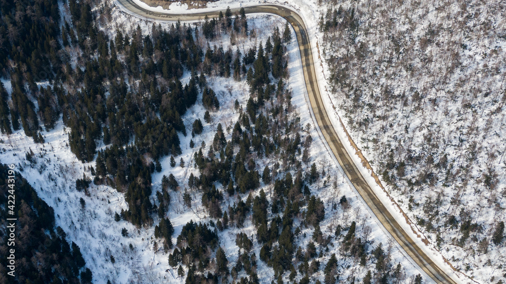Aerial view of the river and taiga forests and road in the winter - springtime . Abstract landscape of northern nature with drone.