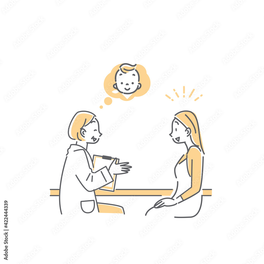 産婦人科でベテラン医師の診察を受ける若い女性のシンプルでおしゃれな線画イラスト 産婦人科でベテラン医師の診察を受ける若い女性のシンプルでおしゃれな線画イラスト