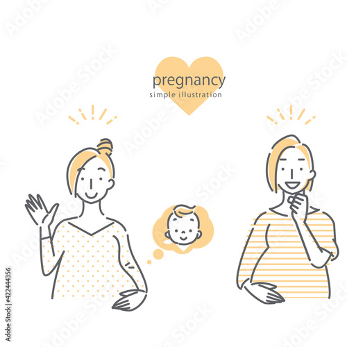 ふたりの妊婦さんの表情別のシンプルな線画イラストシリーズ
