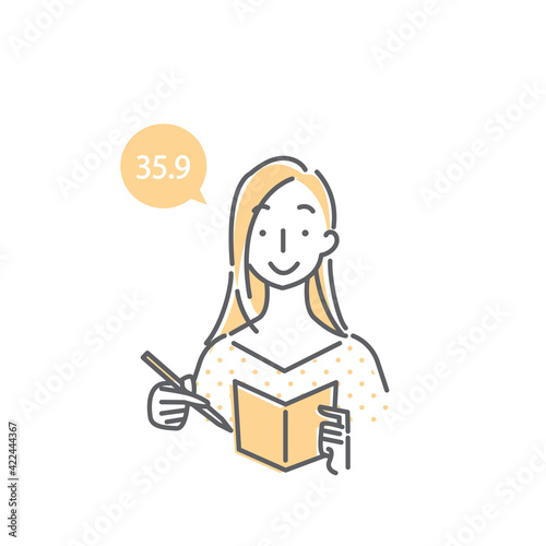 基礎体温を計って記録する若い女性のシンプルでおしゃれな線画イラスト