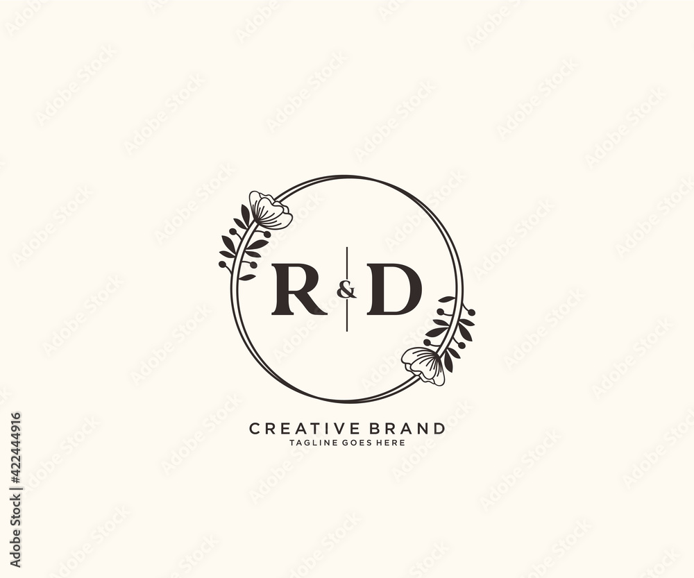 initial RD letters hand drawn feminine and floral botanical logo ...